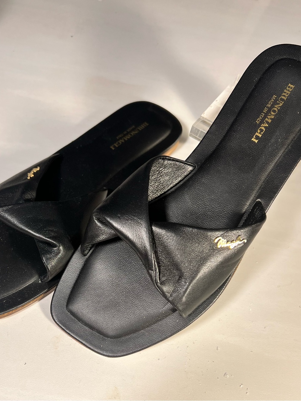 Bruno Magli Black Leather Knotted Slide Sandals